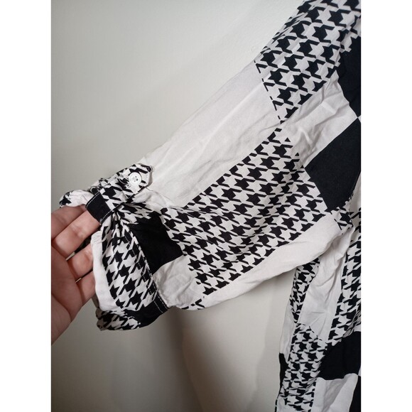 Rouge Collection Patchwork Houndstooth Roll Tab Collared Button Top Plus Size 2X - Picture 2 of 6